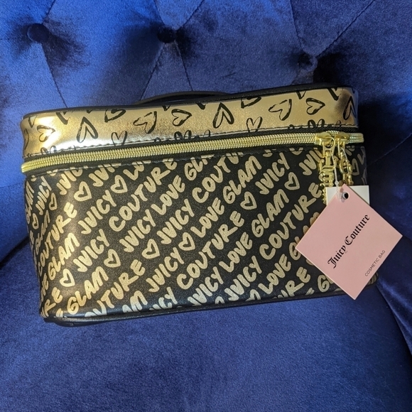Juicy Couture Rectangle Cosmetic Bag Logo Branded w Accessory Black and Gold - Picture 2 of 7